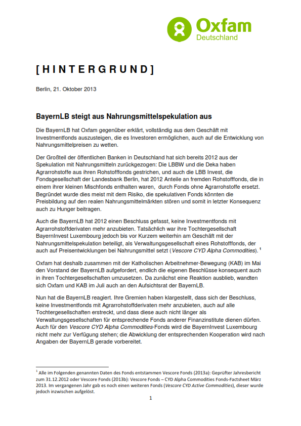BayernLB steigt aus Nahrungsmittelspekulation aus. 21.10.2013
