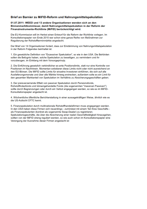 Brief an Barnier zu MiFID-Reform und Nahrungsmittel- spekulation von WEED und 13 anderen Organisationen vom 01.07.2011