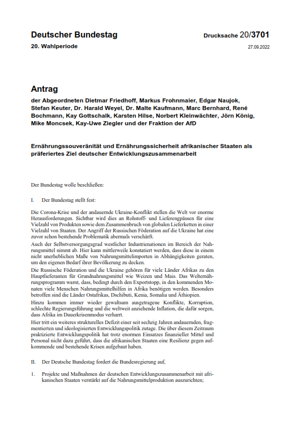 Deutscher Bundestag - Drucksache 20.3701: Ernährungssouveränität und Ernährungssicherheit afrikanischer Staaten als präferiertes Ziel deutscher Entwicklungszusammenarbeit